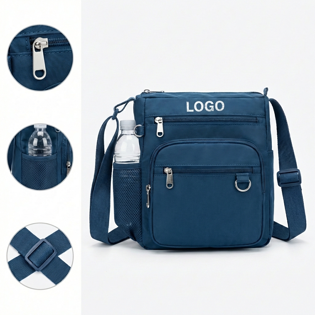 Multi-Pocket Nylon Utility Crossbody Bag with Side Mesh Holder